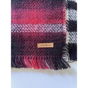 Eddie Bauer Red Black White Plaid Reversible Scarf Leather Tag EUC